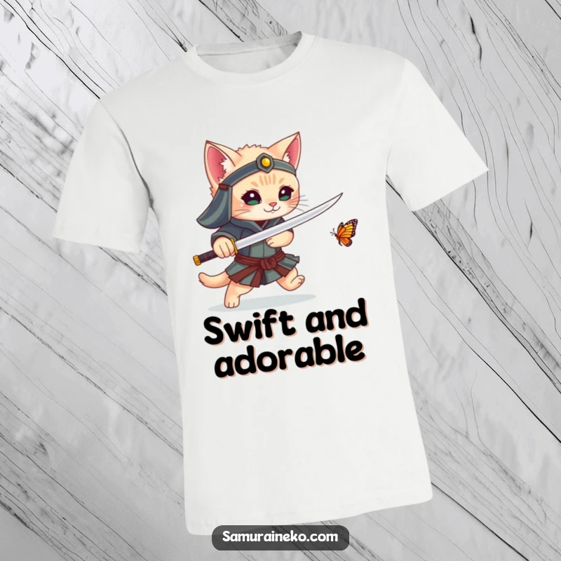 Funny t-shirt of a kitten samurai playfully chasing a butterfly with its sword, a humorous and charming design.