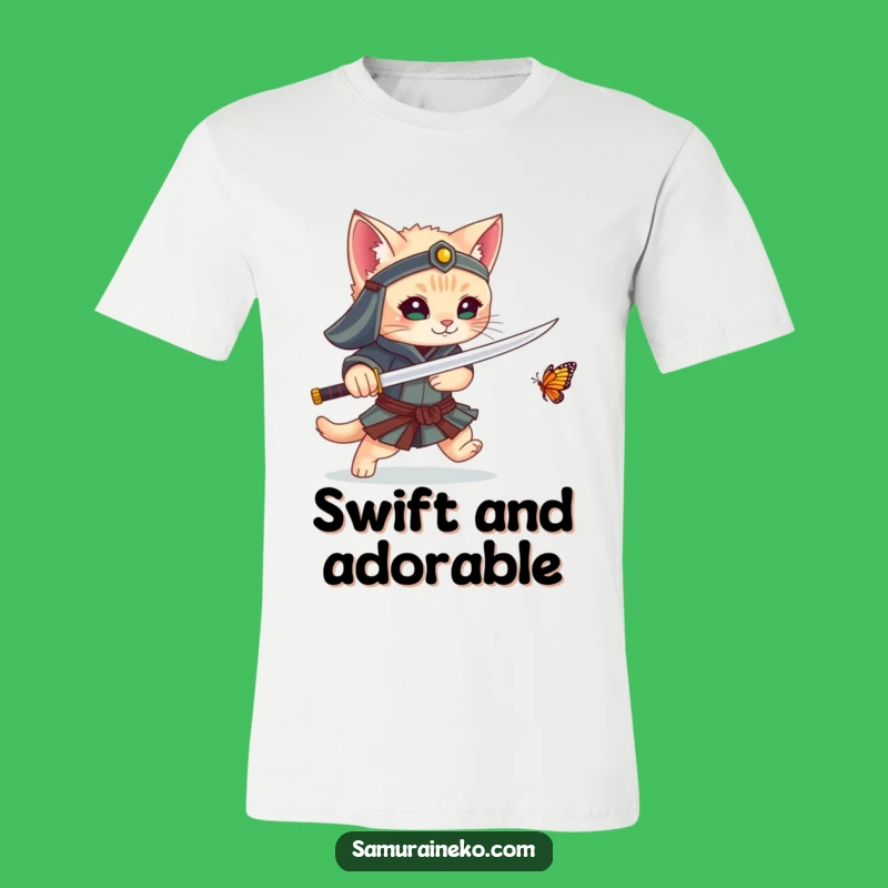 Funny Kitten Samurai T-Shirt: Adorable Warrior's Butterfly Pursuit Tee