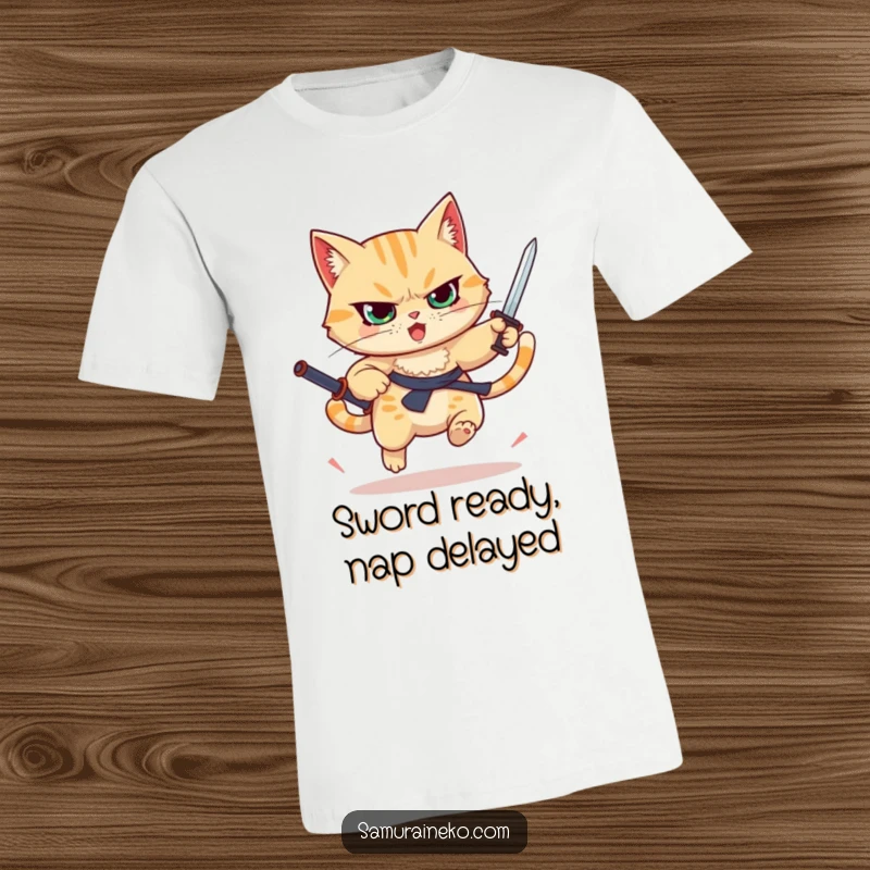 Funny determined cat leaping with a tiny raised sword, action t-shirt, perfect funny gift.