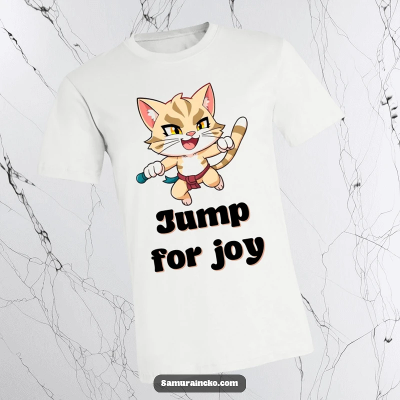 Funny Leaping Cat T-Shirt: A determined and happy cat warrior in mid-leap, radiating power and playful energy.
