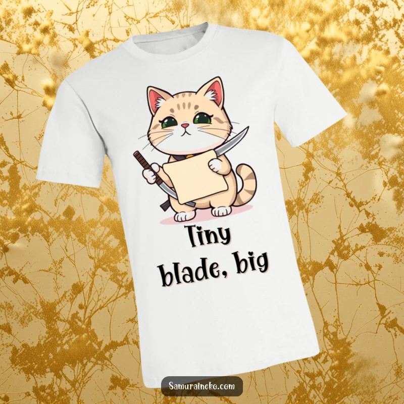 Funny cat holding a tiny, gleaming katana with pride, a small scroll nearby, embodying miniature warrior spirit on this t-shirt.