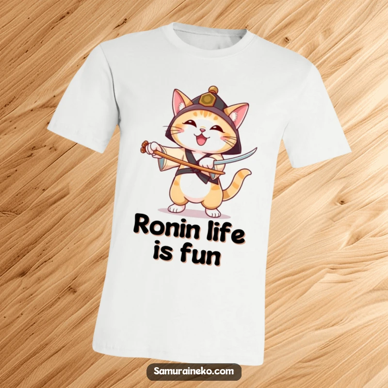 Funny t-shirt showing a cat in a ronin hat practicing sword forms with a genuinely joyful and focused expression.
