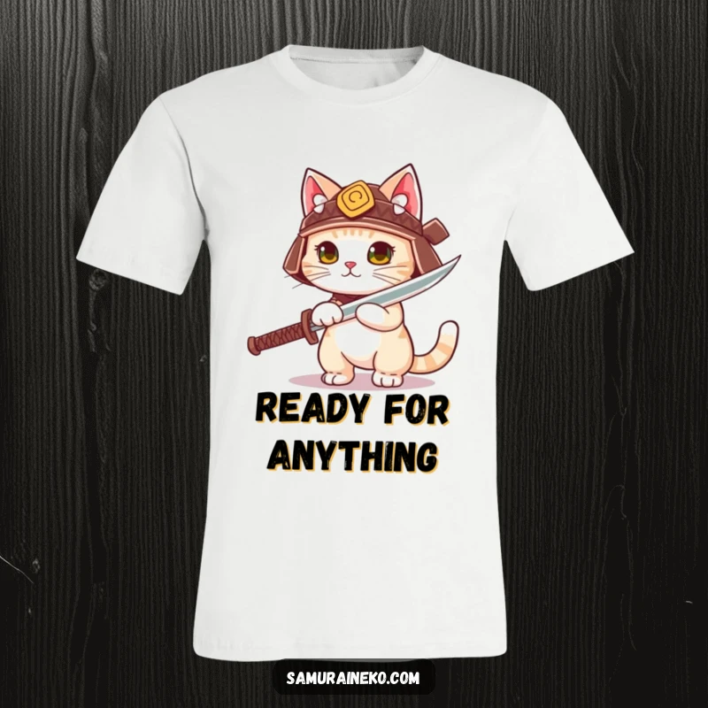 Funny cute cat in a tiny samurai helmet, unsheathing a playful sword on this heroic t-shirt.