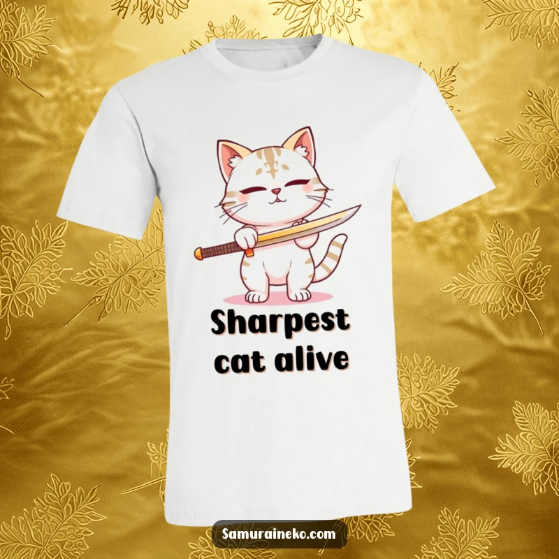 Funny t-shirt featuring a content cat warrior sharpening its sword with a proud, focused look. Ideal for a funny gift.