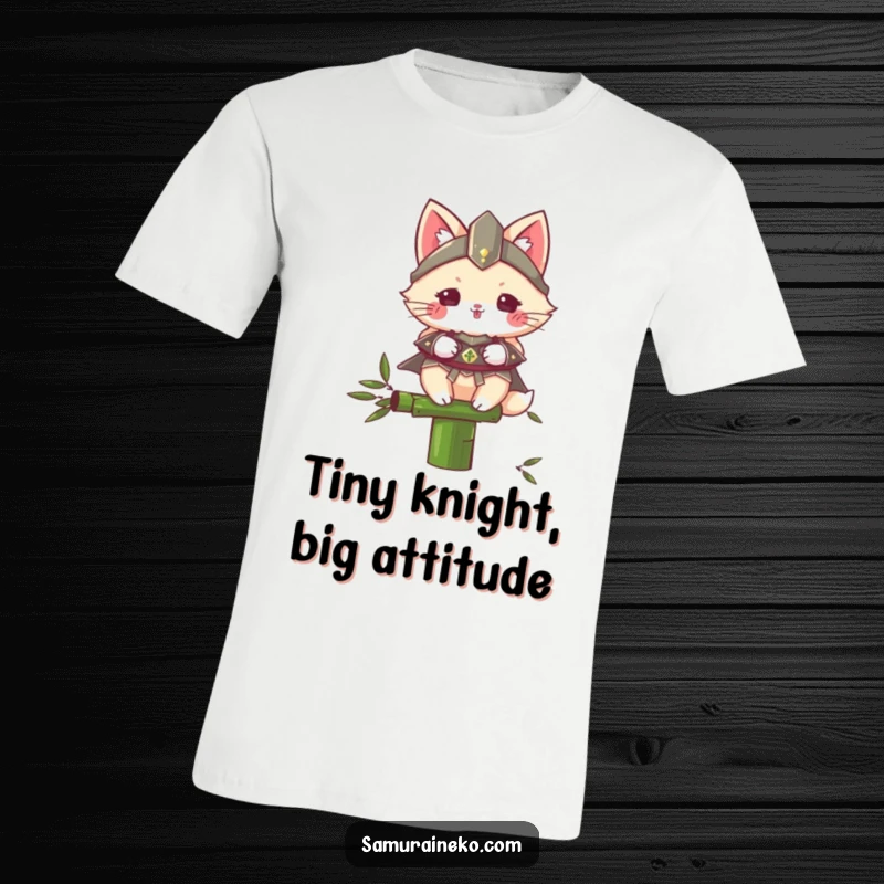 Funny Samurai Cat t-shirt showcasing a fluffy feline in tiny armor, artfully balancing on a slender bamboo stalk, embodying courage and comedy.