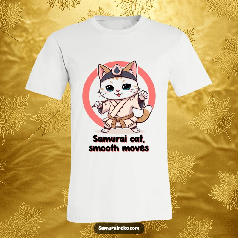 Funny Samurai Cat T-Shirt: Cat dressed as a samurai, smiling while practicing martial arts, a humorous take on discipline.