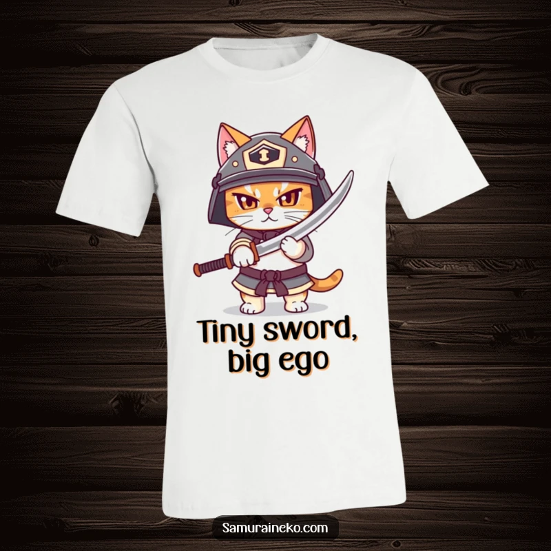Funny t-shirt featuring a determined cat in a helmet, bravely unsheathing a small katana, showcasing bravery and humor.