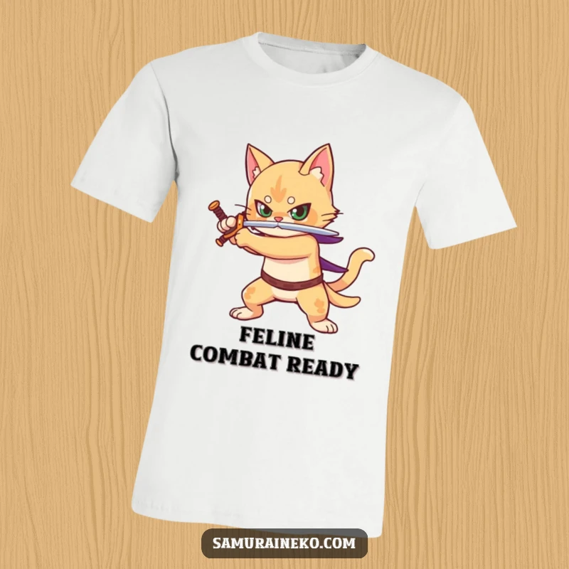 Funny t-shirt featuring a dynamic cat warrior with a sword drawn, ready for epic battle, highlighting bravery.