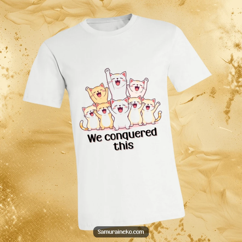 Funny t-shirt with joyful cats in victory poses, shouting happily with raised paws, embodying pure celebration.