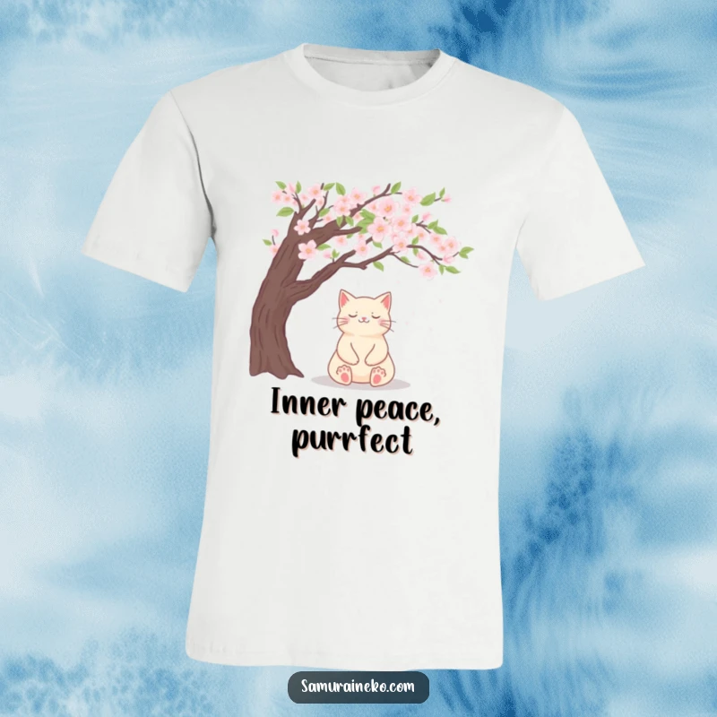 Funny t-shirt featuring a cat in deep meditation under a beautiful cherry blossom tree.