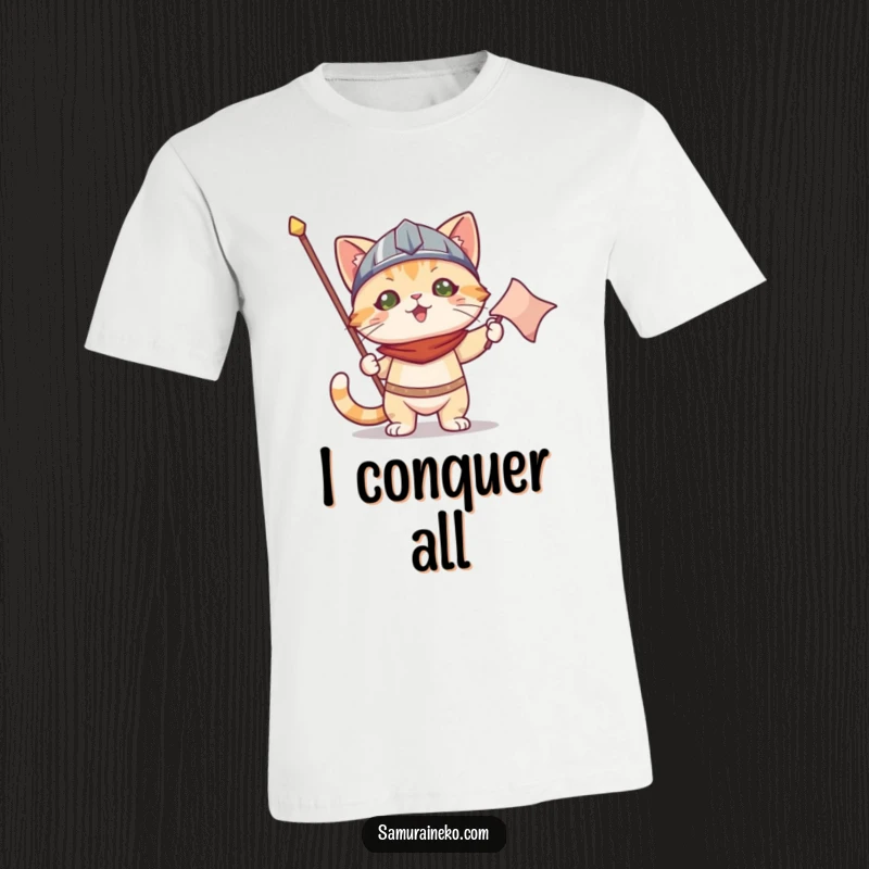 Funny t-shirt: a cat dons a tiny helmet and holds a victory banner, exuding comical triumph and bravery.