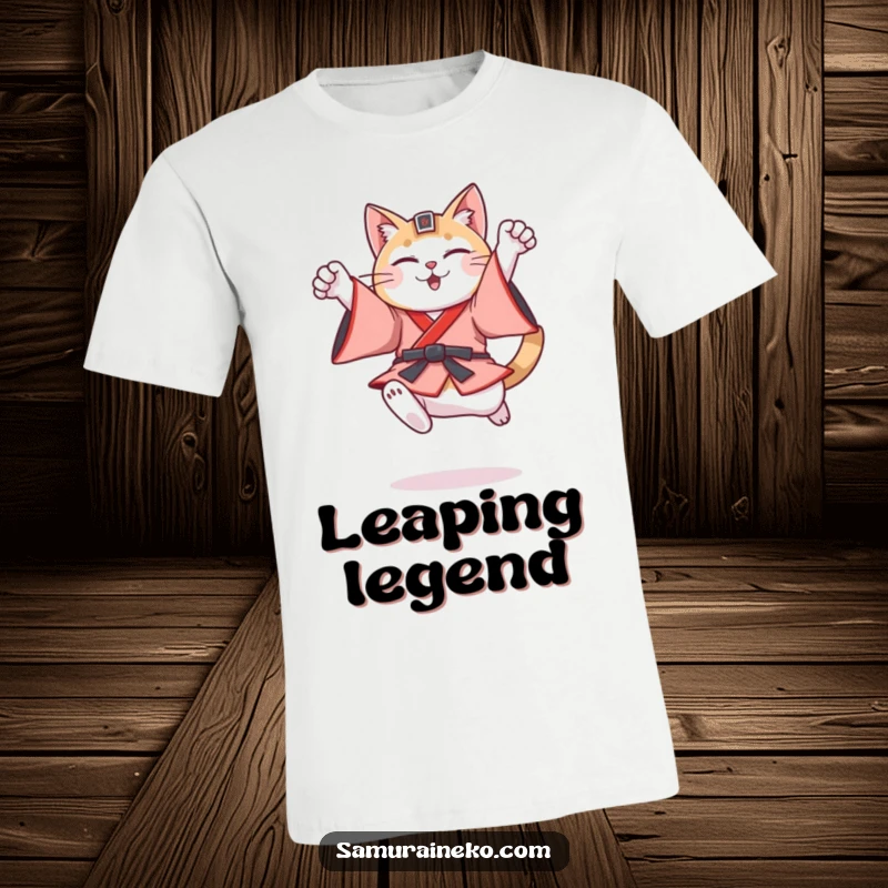Funny cat dressed in authentic feudal Japanese warrior attire, captured mid-leap in a victorious pose on this t-shirt.