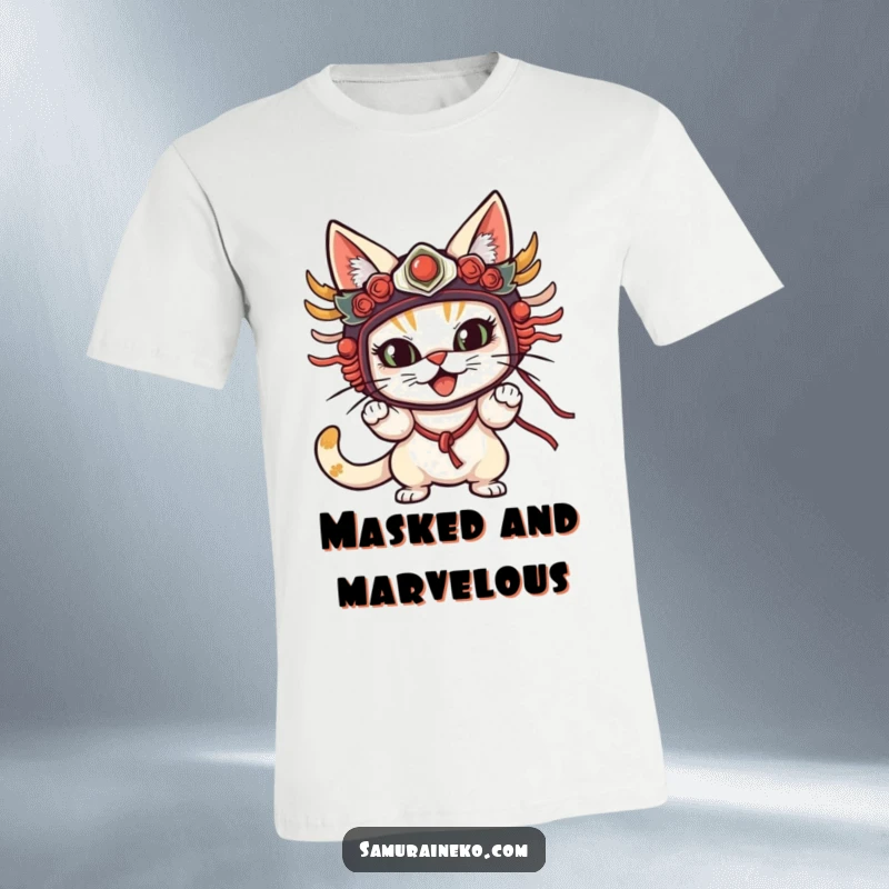 Funny Cat Mask T-Shirt showcasing a cat in a traditional, ornate mask striking a bold and comical pose, exuding theatrical charm.