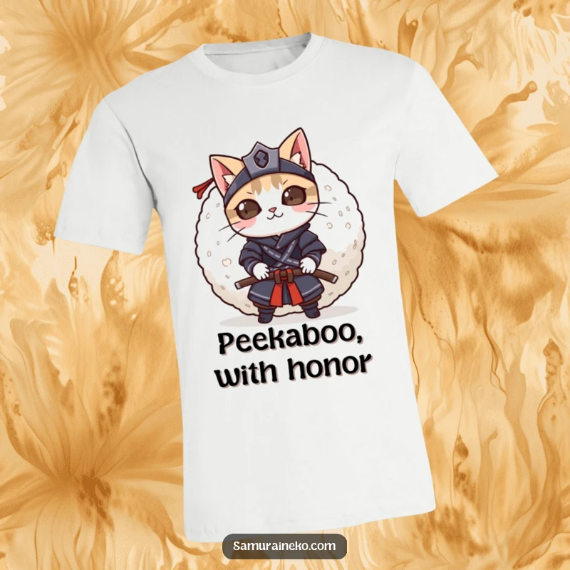 Funny mischievous cat samurai peeking from behind a huge rice ball, embodying playful stealth and humor.