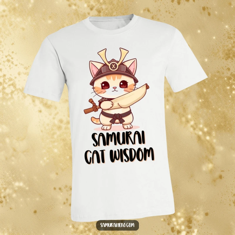 Funny cat in samurai helmet wielding a scroll, fierce warrior kitty t-shirt, perfect funny gift.