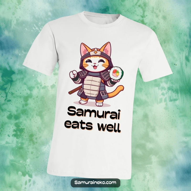 Funny cat t-shirt showing a cat in samurai armor cheerfully wielding a sushi roll, a humorous warrior-foodie design.