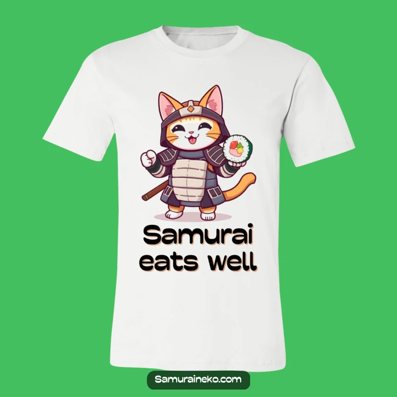 Funny Samurai Sushi Cat T-Shirt: Warrior's Feast, Comical Gift