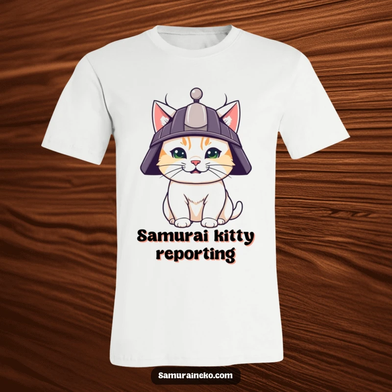 Funny t-shirt featuring a cute cat wearing a miniature samurai helmet and sporting a determined, adventurous grin.