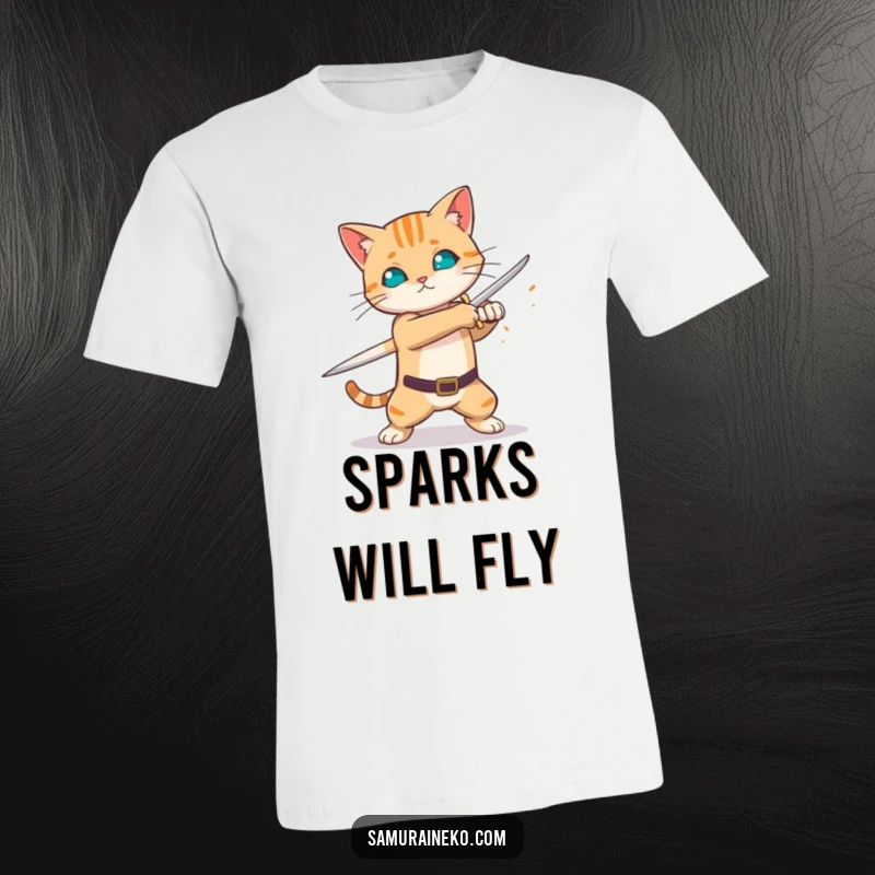 Funny cat practicing swift sword swing, sparks flying, action t-shirt, perfect funny gift.
