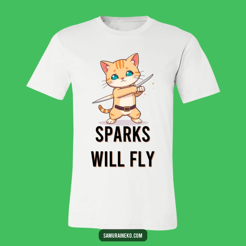 Funny Sword Swing Cat T-Shirt - Fiery Blade Warrior Tee - Action Gift