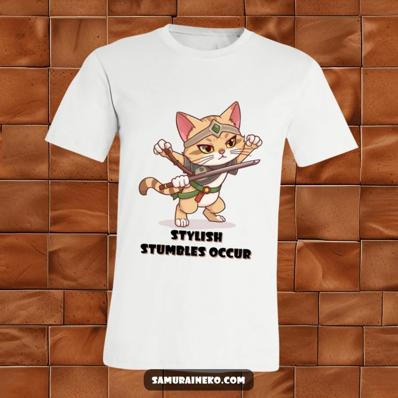 Funny t-shirt depicting a cat warrior attempting a dramatic pose but comically losing balance, highlighting effort and humor.