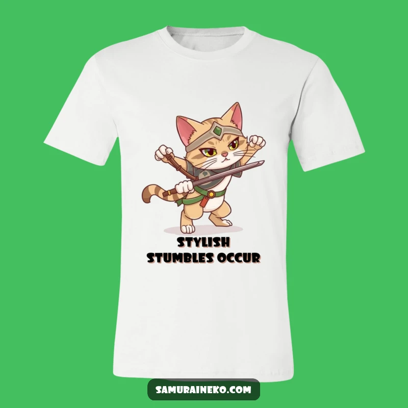 Funny Falling Cat Warrior T-Shirt: Dramatic Pose Fail, Comedic Warrior Tee