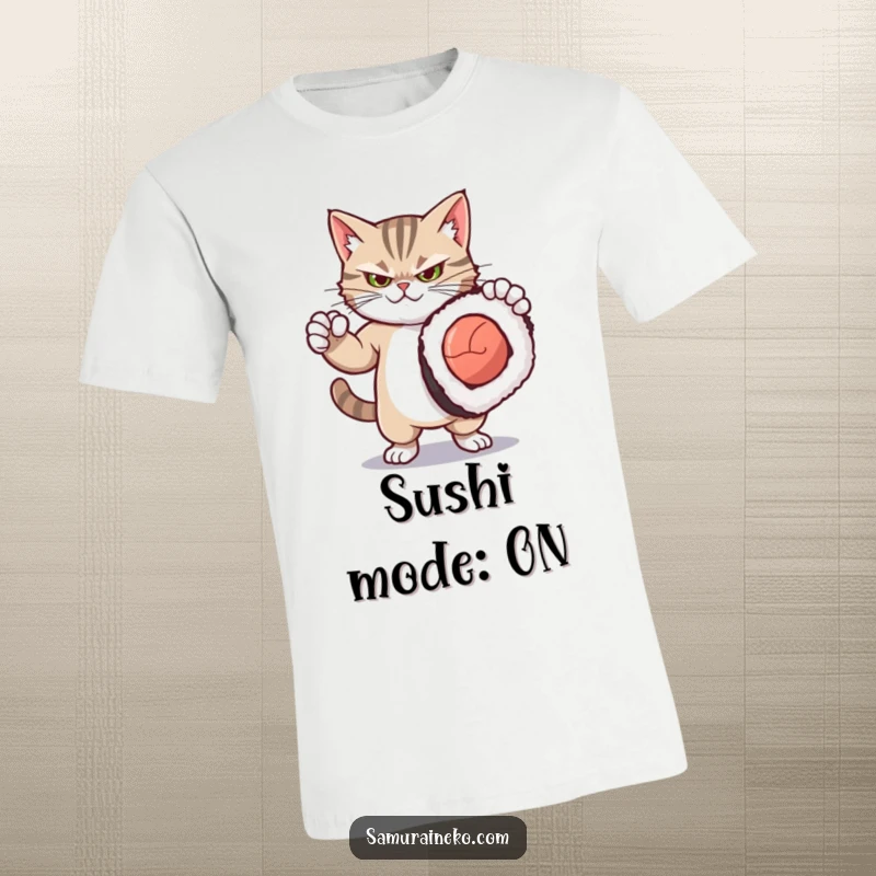 Funny t-shirt of a fierce yet cute kitty striking a dramatic pose with a comically oversized sushi roll, showcasing a love for food.