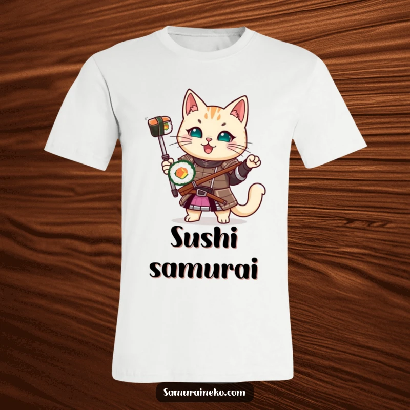 Funny Samurai Cat T-Shirt: A cat warrior in armor cheerfully holding a sushi roll, embodying culinary prowess and humor.