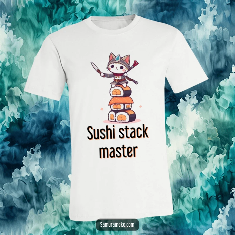 Funny small cat warrior balancing on a precarious sushi tower, embodying focus and hilarious determination.