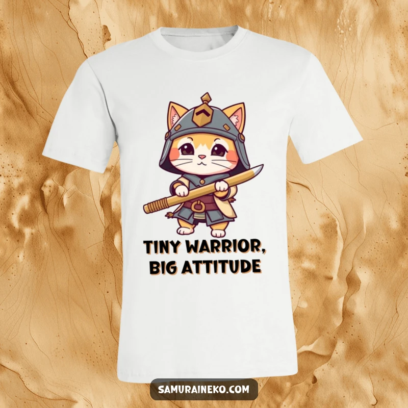 Funny cat character in a miniature helmet gripping a bamboo sword, ready for action on a comfortable and stylish t-shirt.