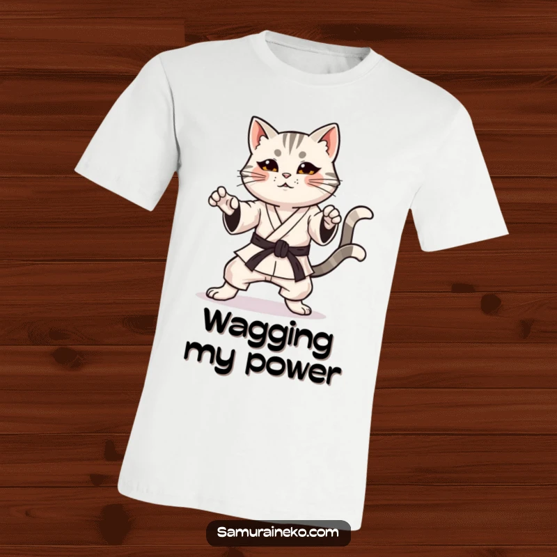 Funny cat t-shirt showing a cat in a karate pose with a determined yet happy expression and a wagging tail.