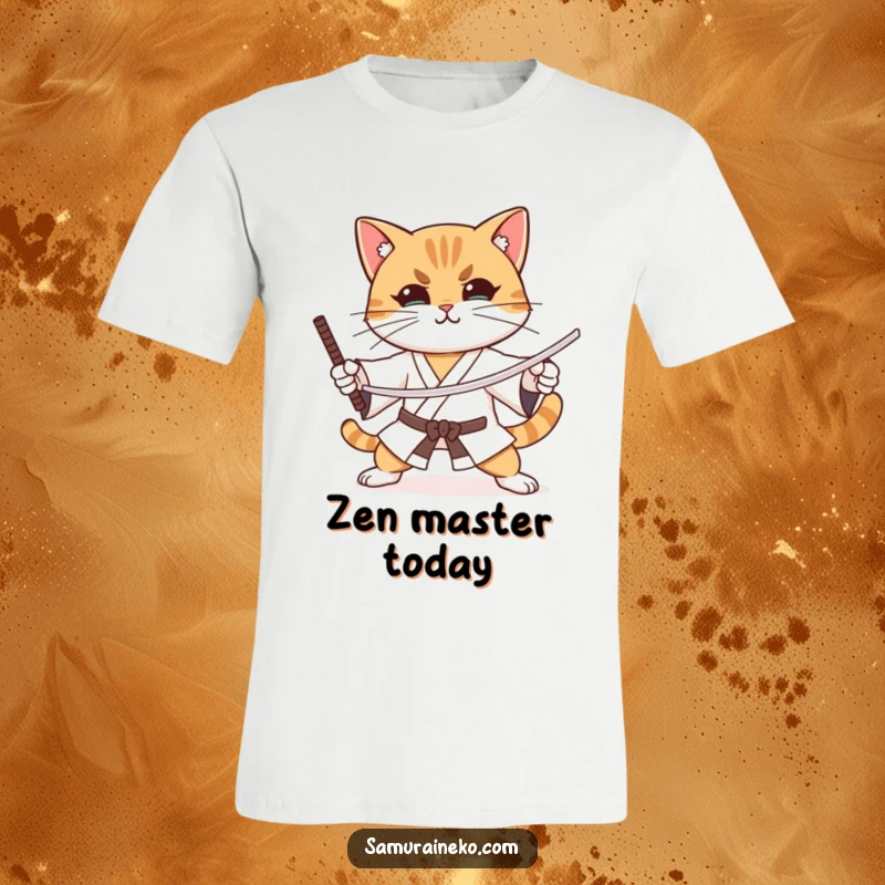 Funny cat practicing sword stances with intense focus and a slight smile, printed on a skilled t-shirt.