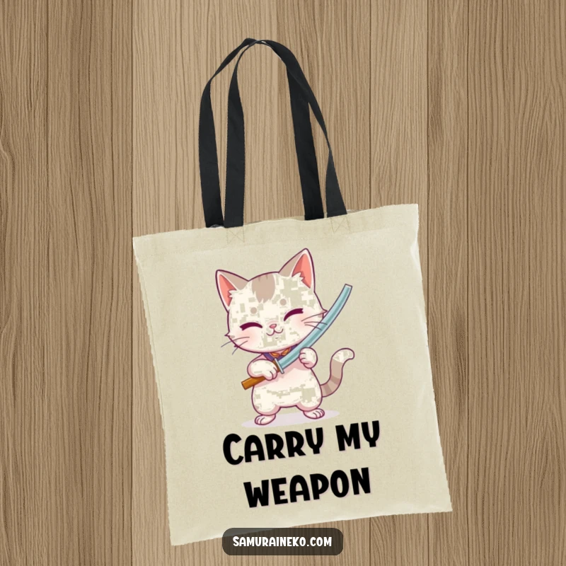Funny tote bag showing a cat with a miniature bamboo sword, ready for action with intense, playful energy.