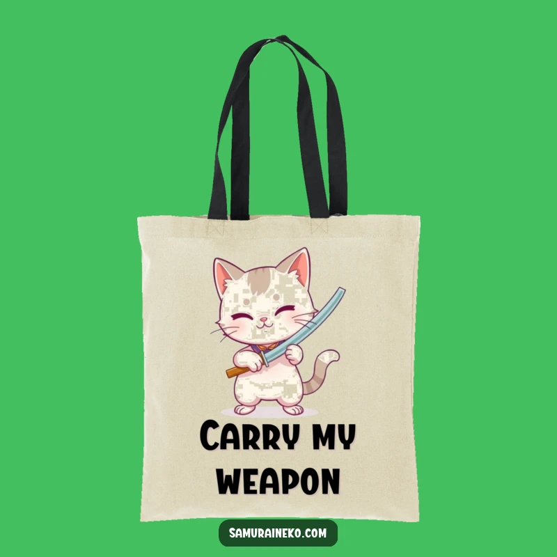 Funny Bamboo Sword Cat Tote Bag: Playful Intense Feline, Action Carryall Gift