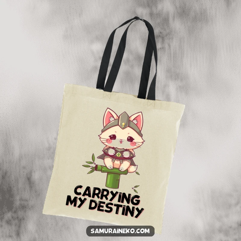 Funny Samurai Cat tote bag featuring a fluffy armored feline balancing on a bamboo stalk, ideal for carrying groceries or your sense of humor.