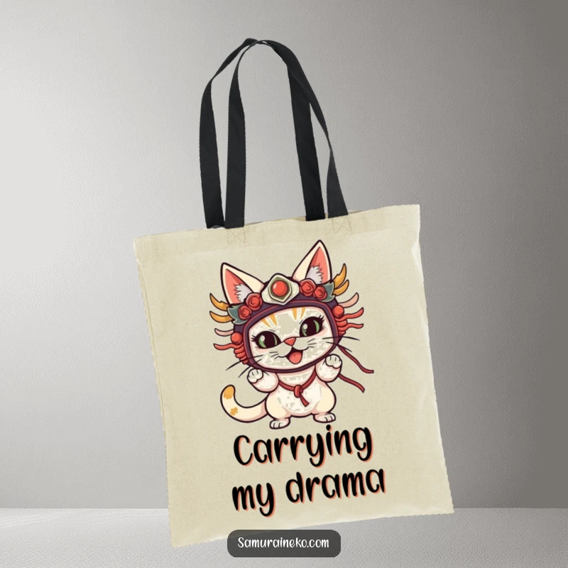 Funny Cat Mask Tote Bag depicting a cat in a traditional mask striking a theatrical pose, ideal for carrying essentials with flair.