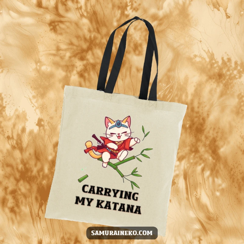 Funny cat samurai design on a tote bag, leaping over bamboo with a flourish, a great funny gift.