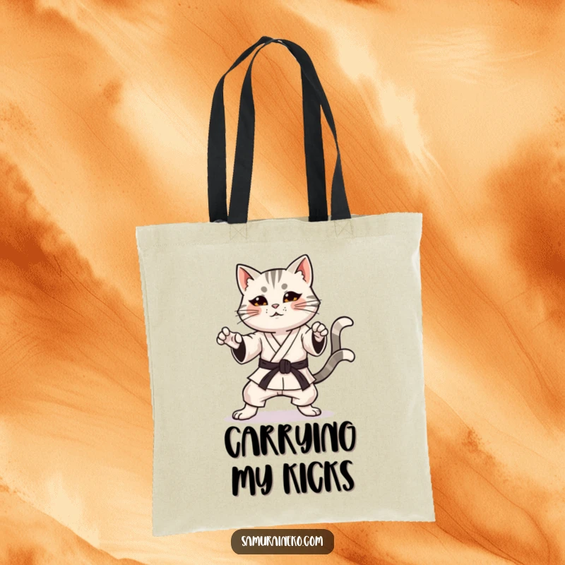 Funny tote bag with a karate cat in a determined pose and a happy, wagging tail, a humorous accessory.
