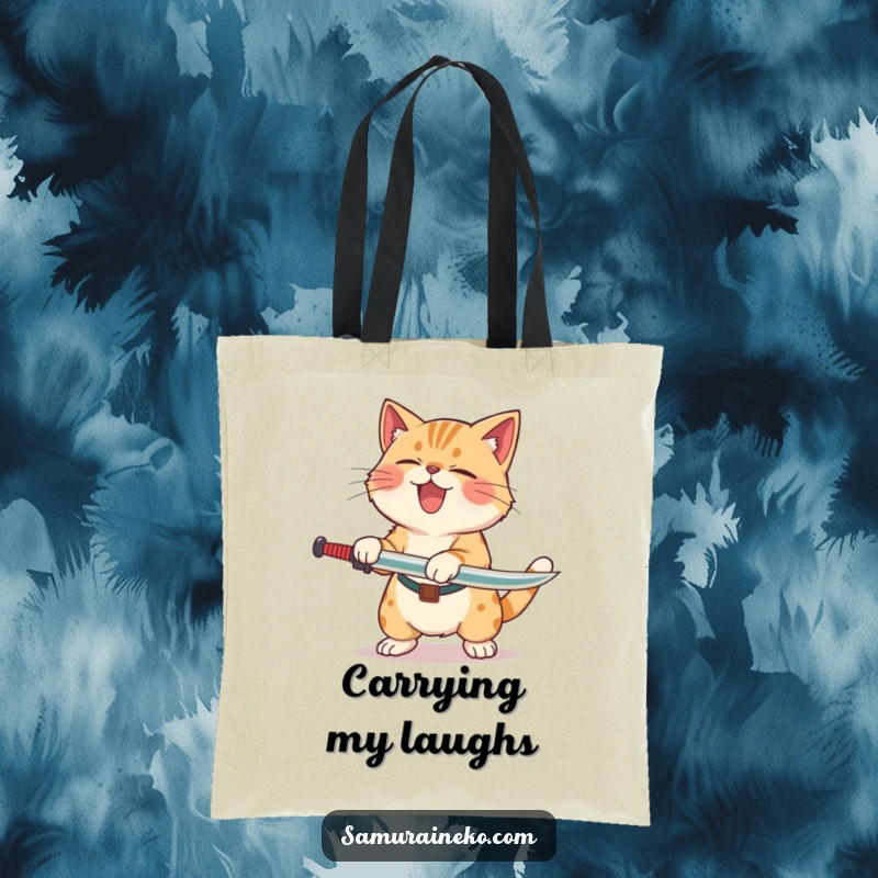 Funny Cat Laughing Sword Tote Bag depicting a cat rolling with laughter after a clumsy sword swing, ideal for carrying essentials humorously.