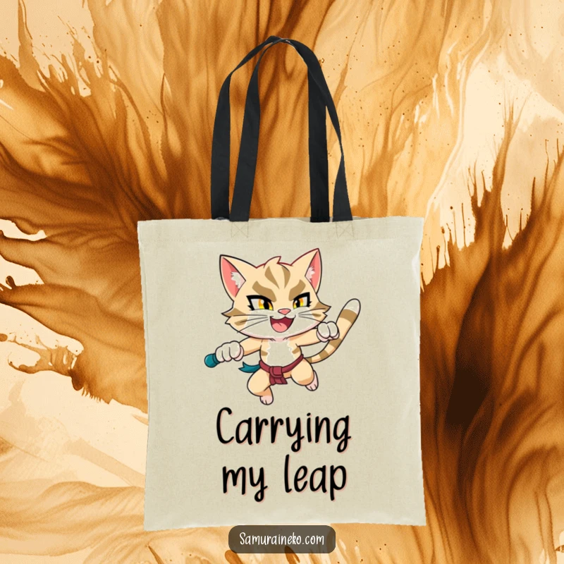 Funny Leaping Cat Tote Bag: A durable tote featuring a happy and determined cat warrior mid-leap, perfect for everyday use.