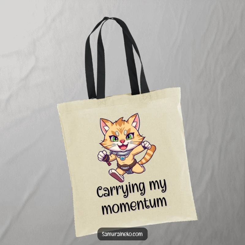Funny tote bag with a happy warrior cat mid-leap, showing determination and joyful movement, a humorous accessory.