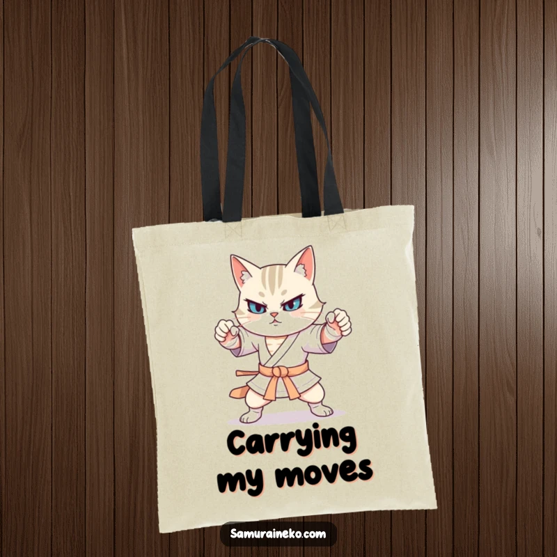 Funny cat warrior displaying exaggerated, comical martial arts stances on a durable tote bag for humorous use.