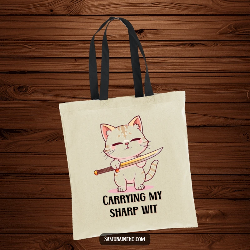 Funny tote bag depicting a cat intently sharpening its sword with a satisfied, focused look. A practical funny gift.
