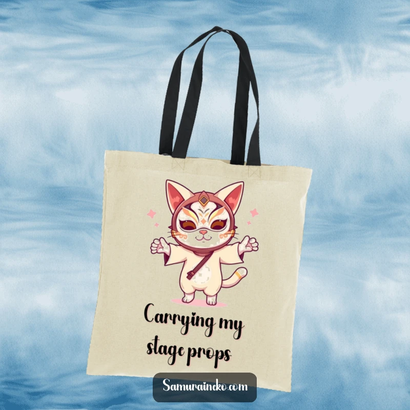 Funny Kabuki Cat Tote Bag: A funny tote featuring a cat in a kabuki mask dancing exuberantly, perfect for carrying essentials with theatrical flair.