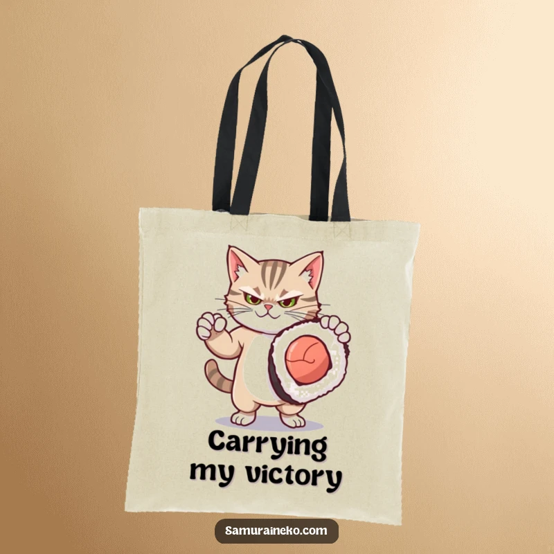 Funny tote bag featuring a fierce yet cute kitty striking a dramatic pose with a comically oversized sushi roll, ideal for shopping.