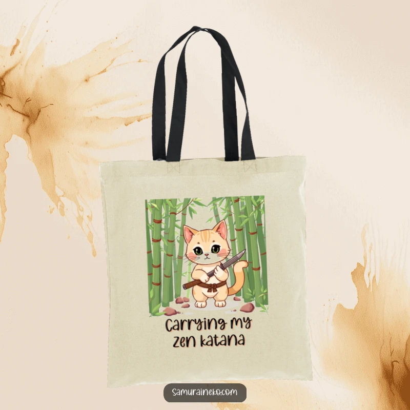 Funny tote bag with a cat warrior in a bamboo forest, holding a small katana, perfect for carrying groceries or secrets, a humorous accessory.