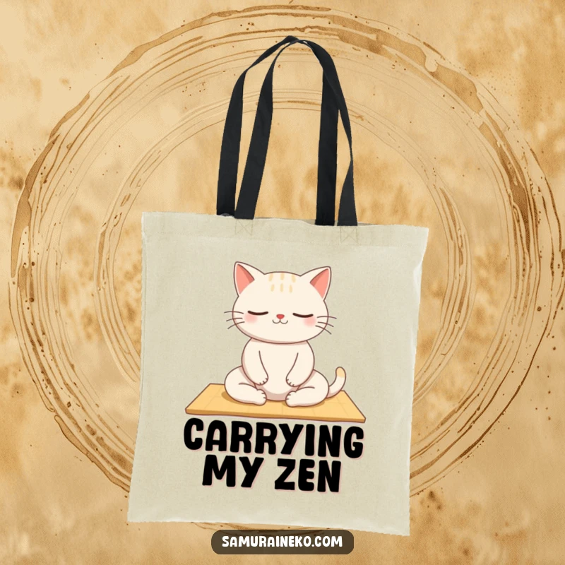 Funny Zen Cat Tote Bag: A funny tote depicting a cat meditating peacefully, ideal for carrying items with a sense of calm and humor.