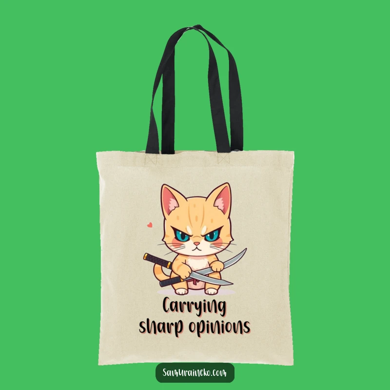 Funny Katana Cat Tote Bag - Hilarious Gift for Carrying Your Sharpest Ideas