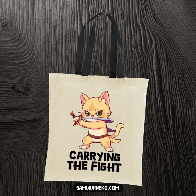 Funny tote bag with a cat warrior holding a sword, ready for action, perfect for carrying daily essentials.