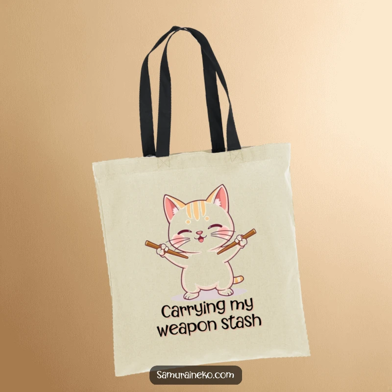 Funny Cat Tote Bag: A smiling cat brandishes chopsticks like swords, perfect for carrying items humorously.
